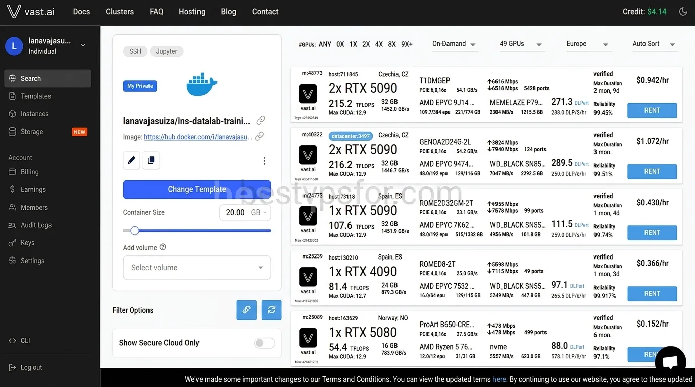 vast.ai GPU Cloud Marketplace - GPU Instance Selection Dashboard 2026